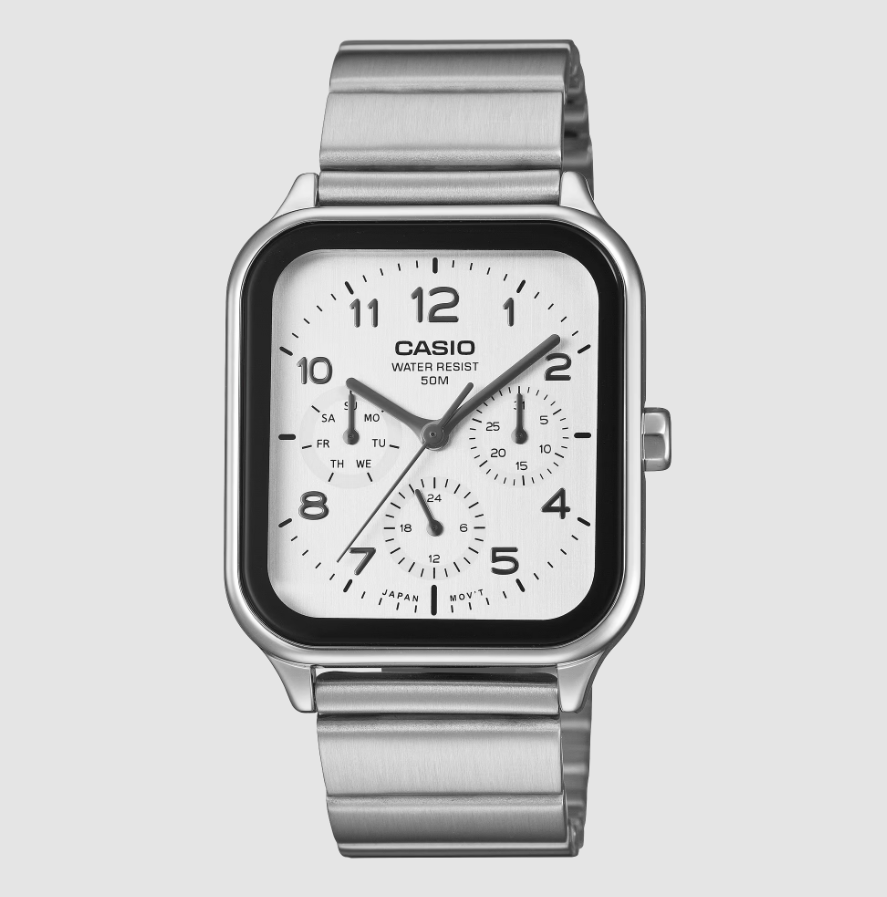 Casio MTP-M306D square white dial day-date stainless steel quartz watch on grey background