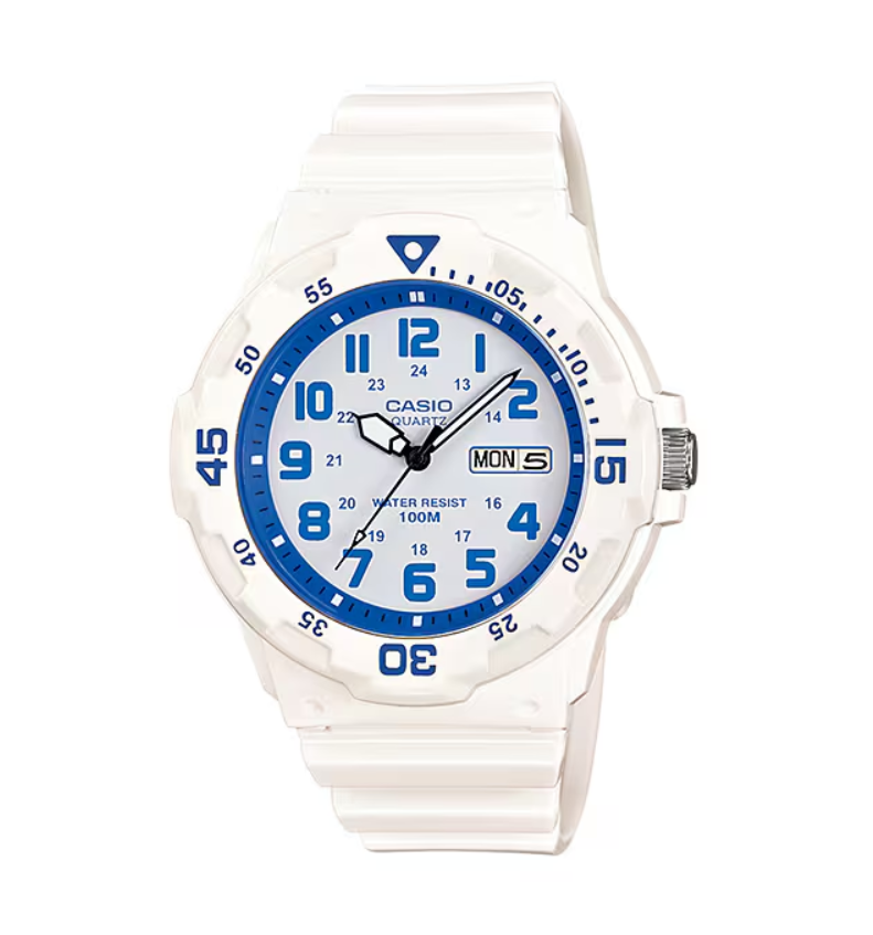 Casio MRW-200HC-7B2VDF quartz diver watch with white resin case, white dial with blue Arabic numerals, blue rotating bezel, and day-date display at three o'clock