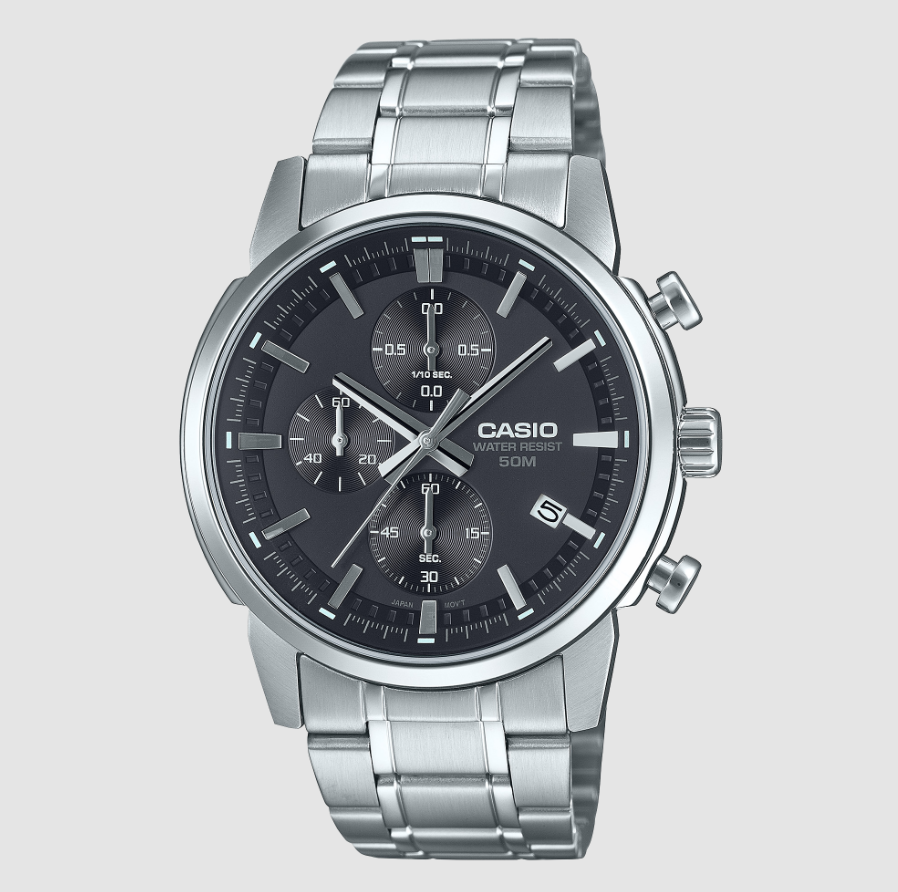 Casio MTP-E510D chronograph quartz watch with 42mm stainless steel case, black dial with three sub-dials, luminous hands, date window, and polished steel bracelet