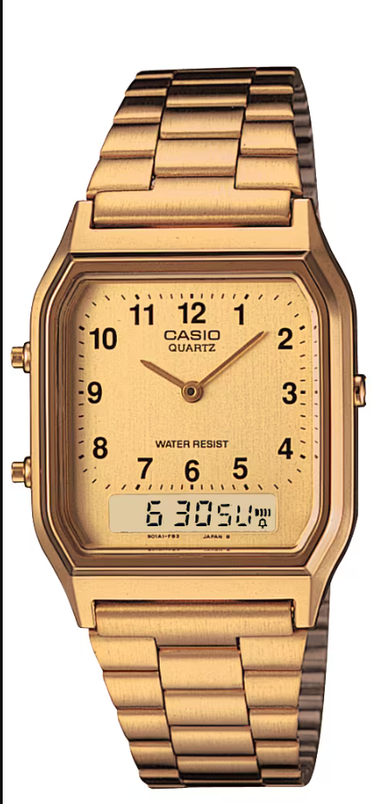 Casio AQ-230GA-9BMQ gold-tone square analog-digital quartz watch with stainless steel bracelet and champagne dial