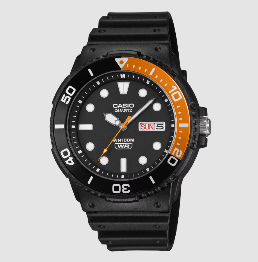 Casio MRW-230H quartz diver watch with black dial, orange rotating bezel, and black resin strap