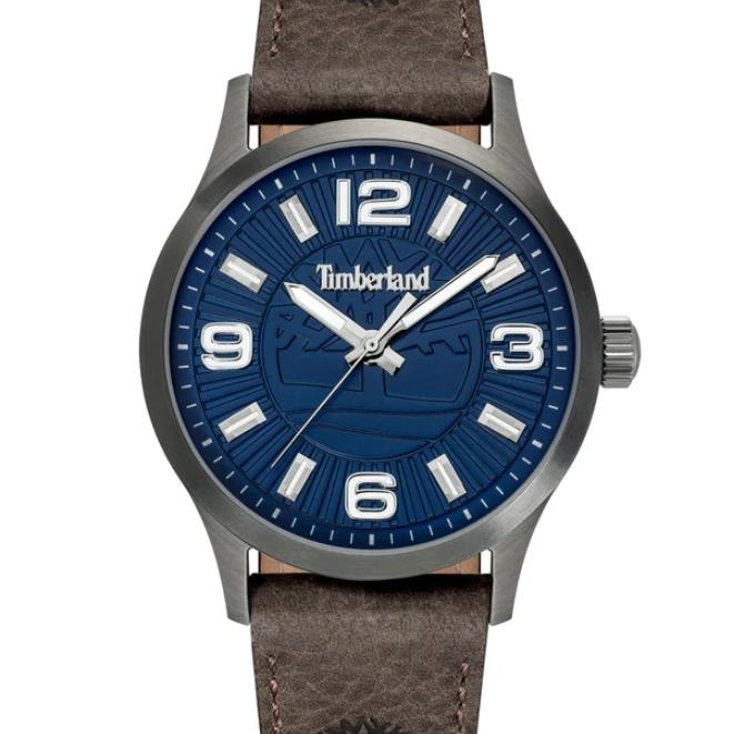 Timberland 45mm round watch with blue sunray dial and leather strap