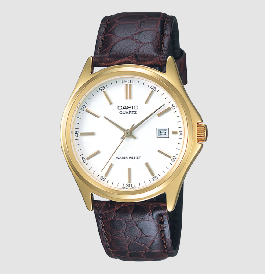Casio MTP-1183Q gold-tone quartz watch with white dial, date display, and brown leather strap