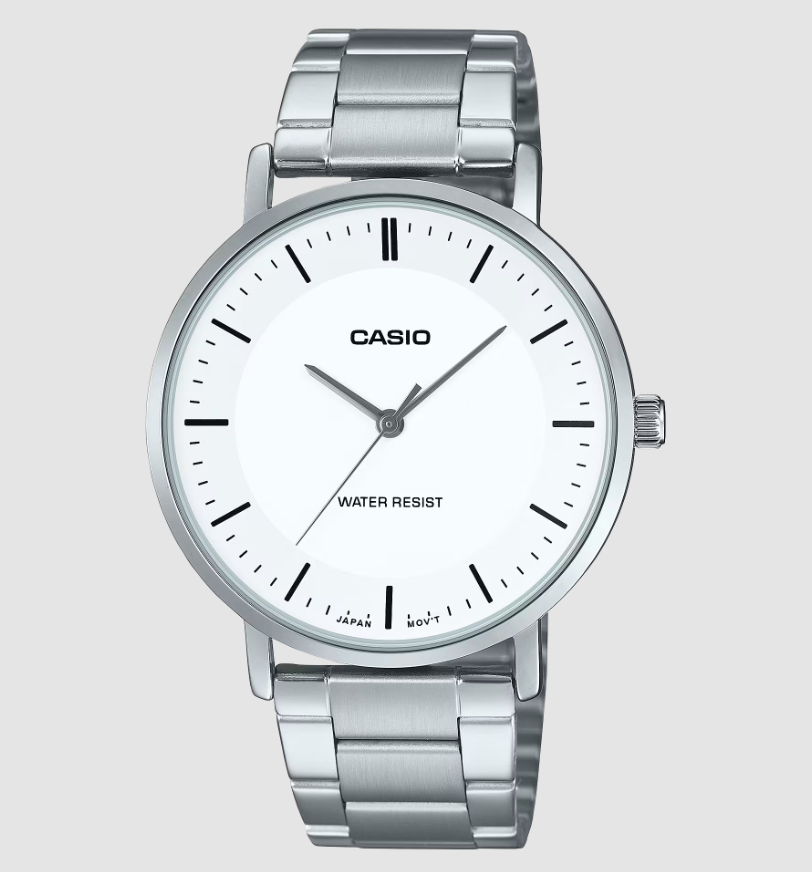 Casio MTP-VT04D quartz watch with white concave dial and stainless steel bracelet on grey background