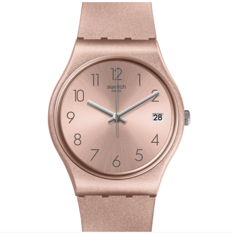 Swatch PINKBAYA 34mm watch with rose gold sun-brushed dial and silicone strap