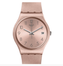 Swatch PINKBAYA 34mm watch with rose gold sun-brushed dial and silicone strap
