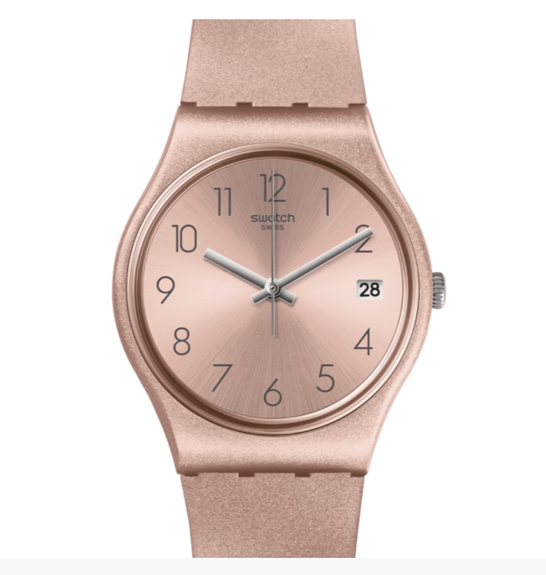 Swatch PINKBAYA 34mm watch with rose gold sun-brushed dial and silicone strap
