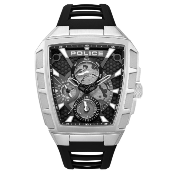 Police Tough Gear watch with black open-worked dial, steel tonneau case and silicone strap