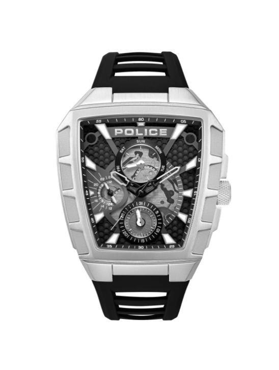 Police Tough Gear watch with black open-worked dial, steel tonneau case and silicone strap