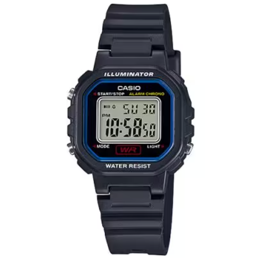Casio LA-20WH-1C women's digital watch with square resin case and blue inner ring