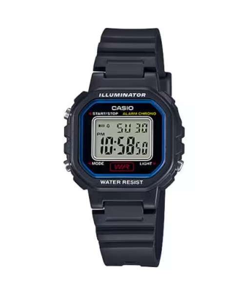 Casio LA-20WH-1C women's digital watch with square resin case and blue inner ring