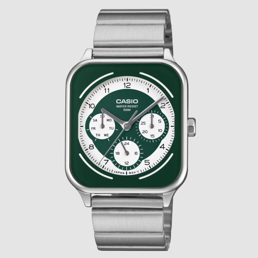 Casio MTP-M307D-3B square steel watch with green dial and three sub-dials