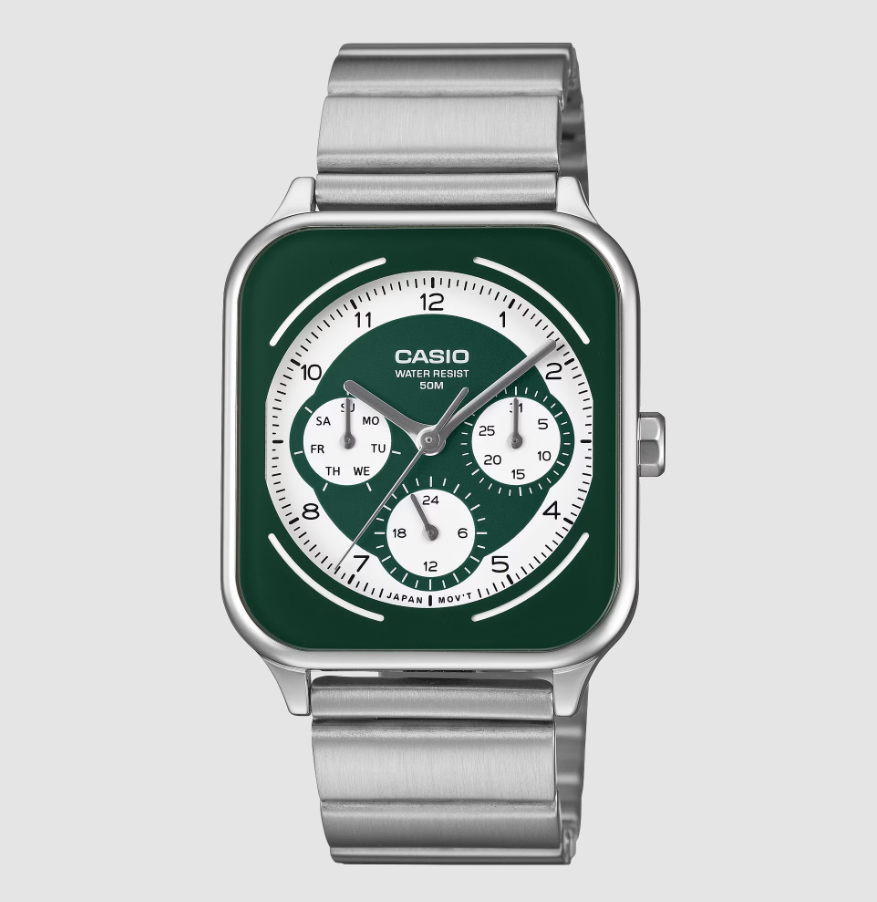 Casio MTP-M307D-3B square steel watch with green dial and three sub-dials