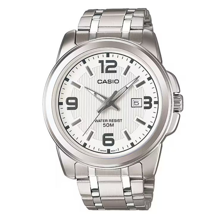 Casio MTP-1314D 7A with white striped dial and stainless steel bracelet