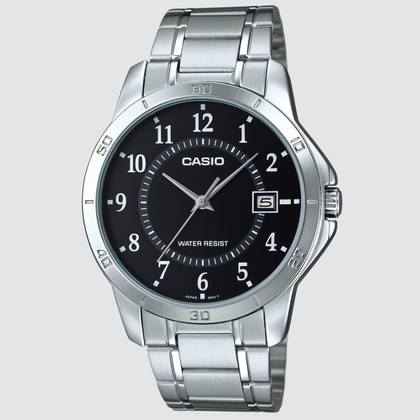 Casio MTP-V004D-1B watch with black dial and stainless steel bracelet