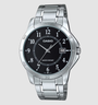 Casio MTP-V004D-1B watch with black dial and stainless steel bracelet