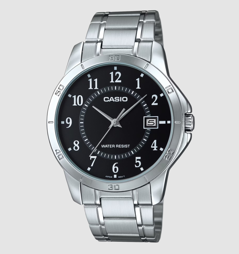 Casio MTP-V004D-1B watch with black dial and stainless steel bracelet