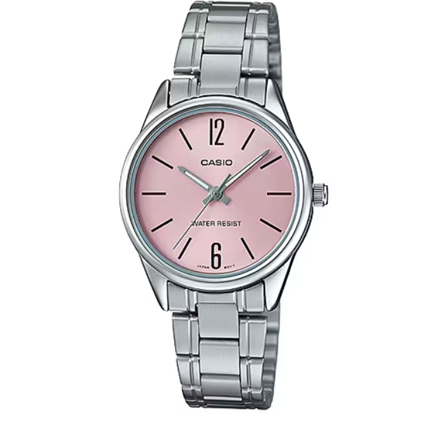 Casio LTP-V005D-4B watch with pink sunburst dial and stainless steel bracelet