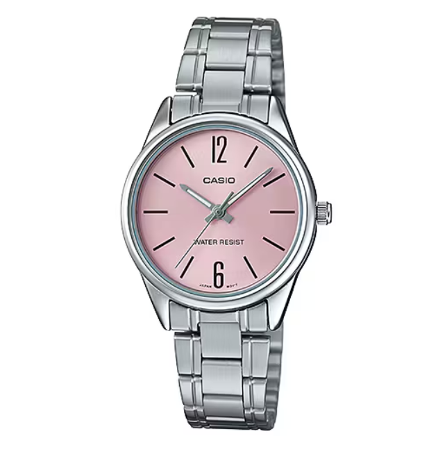 Casio LTP-V005D-4B watch with pink sunburst dial and stainless steel bracelet