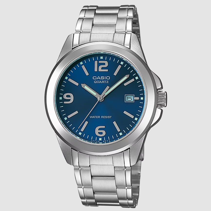 Casio MTP-1215A-2A watch with blue sunburst dial and stainless steel bracelet