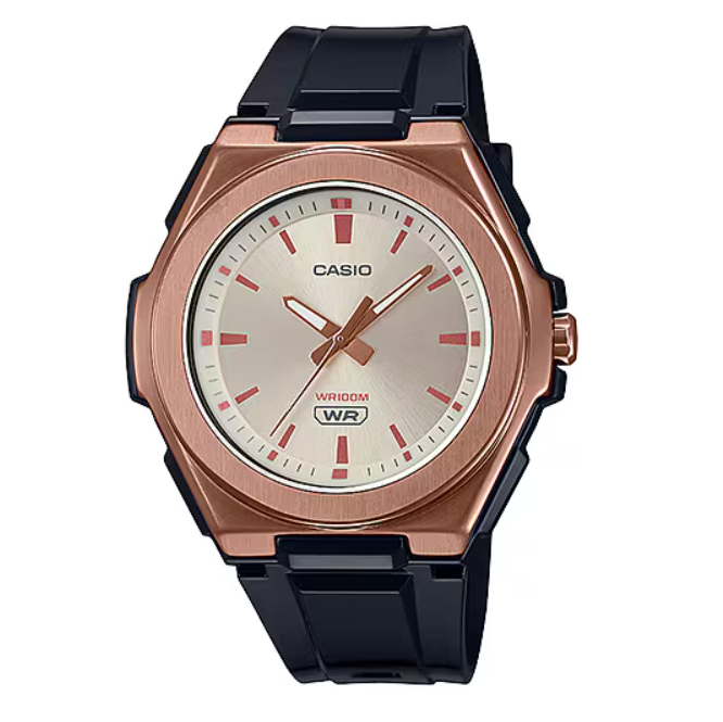 Casio LWA-300HRG-5E champagne sunray dial with rose gold-tone indices on resin strap