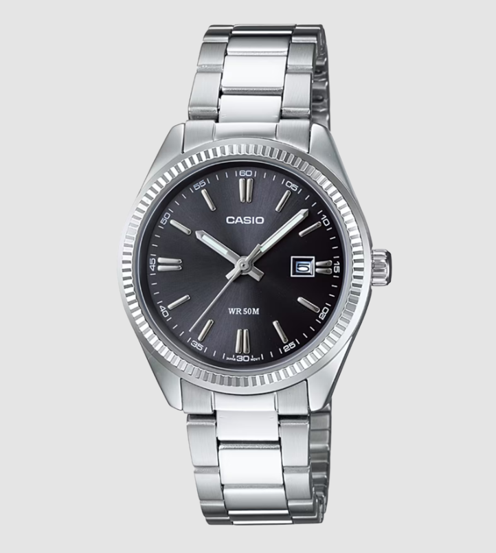 Casio LTP-1302D-1A1 women's watch with black sunray dial and stainless steel bracelet