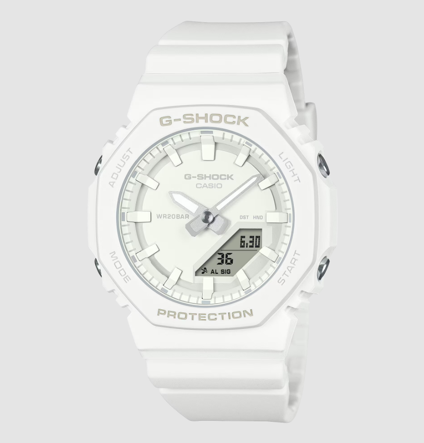 White-dial Casio G-SHOCK GMA-P2100-7A with octagonal resin case and resin strap