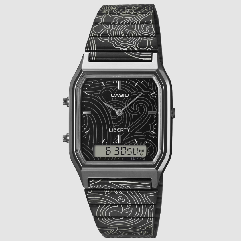 Casio VINTAGE AQ-230-EBLT-1A with black paisley dial and black IP steel bracelet