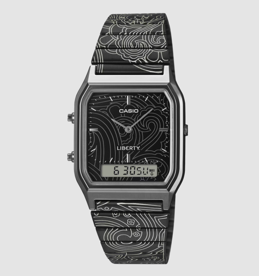 Casio VINTAGE AQ-230-EBLT-1A with black paisley dial and black IP steel bracelet