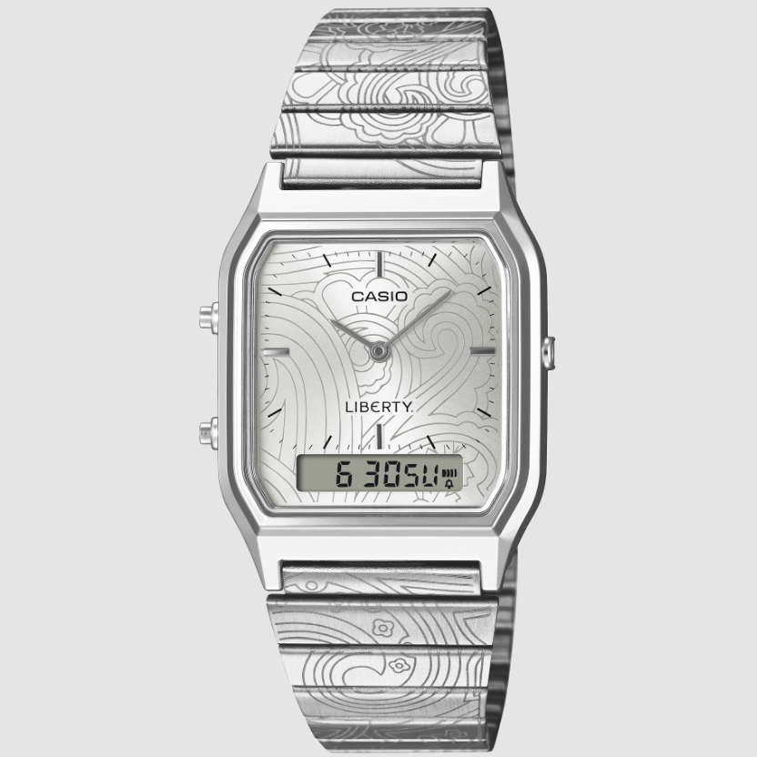 Casio AQ-230ELT-7A rectangular silver paisley dial watch on stainless steel bracelet