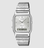 Casio AQ-230ELT-7A rectangular silver paisley dial watch on stainless steel bracelet