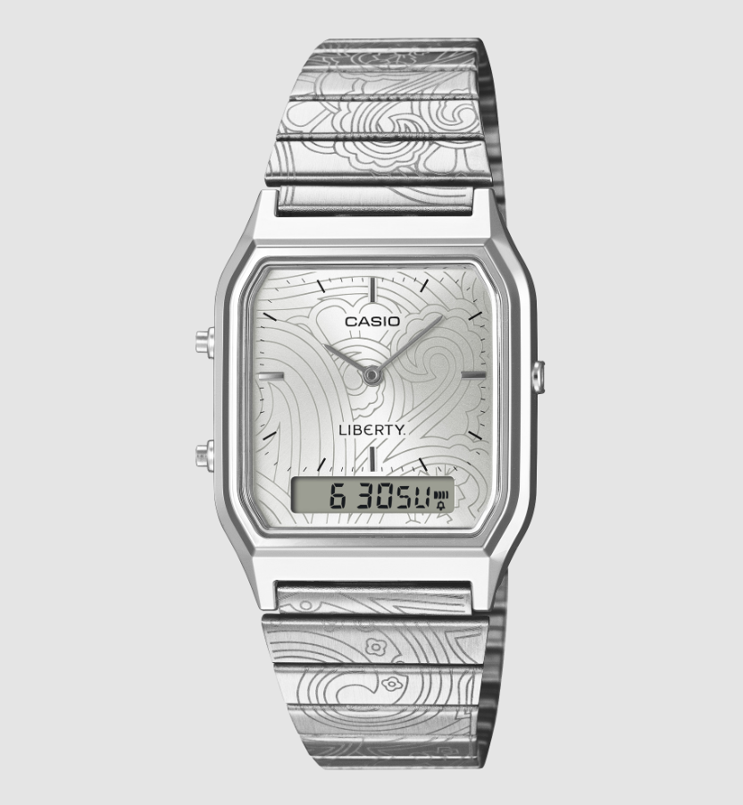Casio AQ-230ELT-7A rectangular silver paisley dial watch on stainless steel bracelet