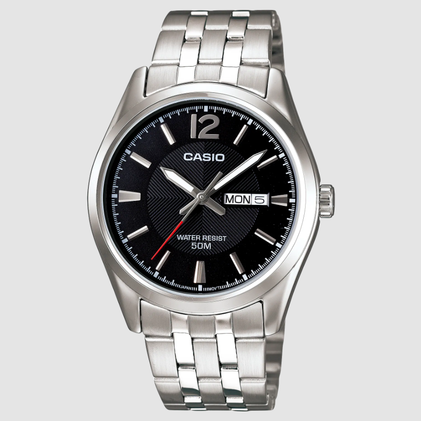 Casio MTP-1335D-1AVDF black dial watch with stainless steel bracelet and day-date window