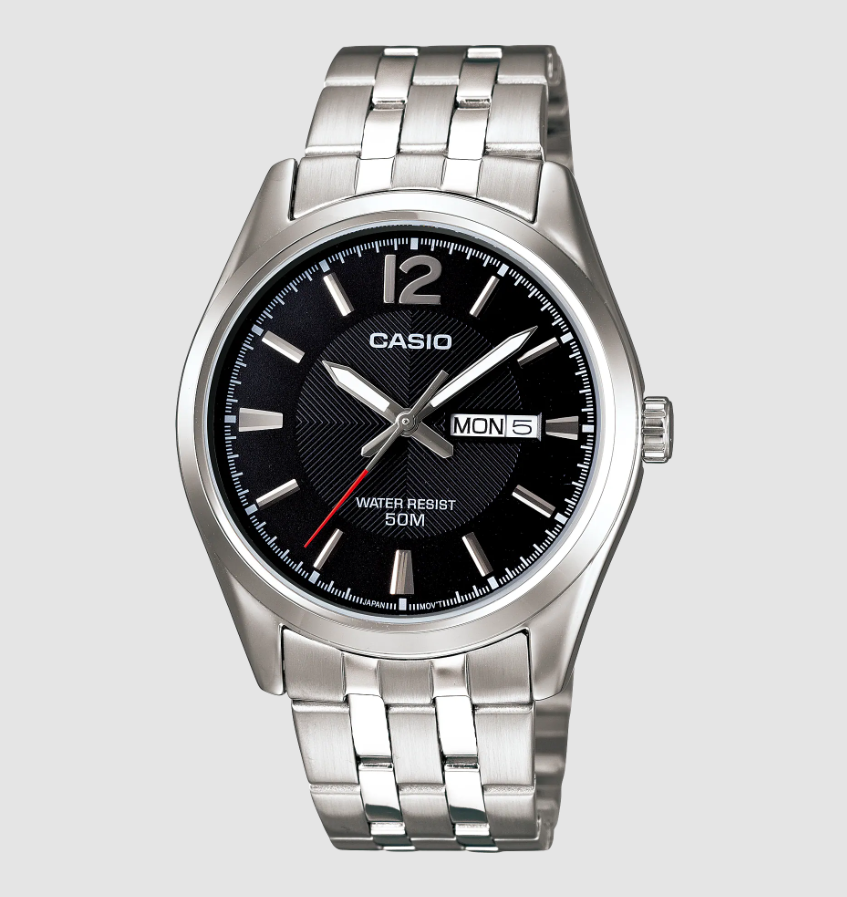 Casio MTP-1335D-1AVDF black dial watch with stainless steel bracelet and day-date window