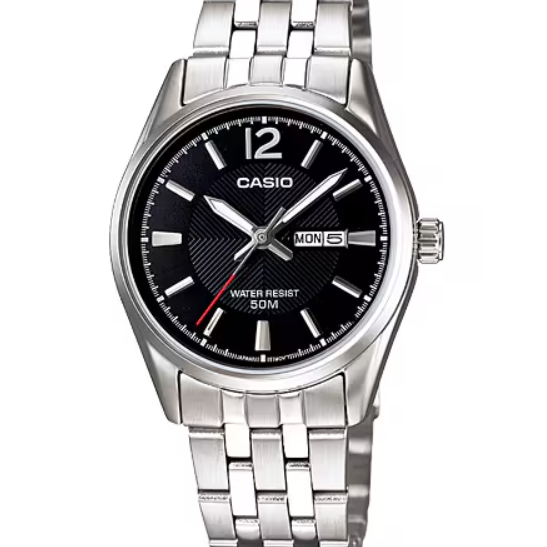 Casio LTP-1335D black textured dial watch on stainless steel bracelet with day-date window