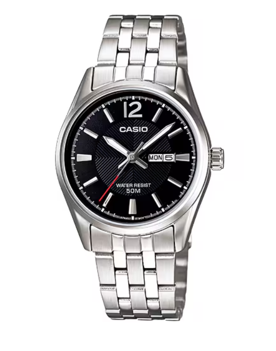 Casio LTP-1335D black textured dial watch on stainless steel bracelet with day-date window