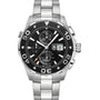 Pre-owned TAG Heuer Aquaracer Calibre 16 automatic chronograph watch with black textured dial, stainless steel case, unidirectional rotating bezel, and stainless steel bracelet