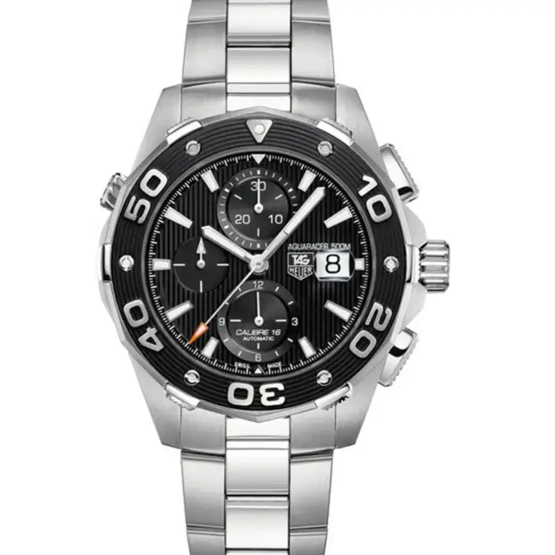 Pre-owned TAG Heuer Aquaracer Calibre 16 automatic chronograph watch with black textured dial, stainless steel case, unidirectional rotating bezel, and stainless steel bracelet