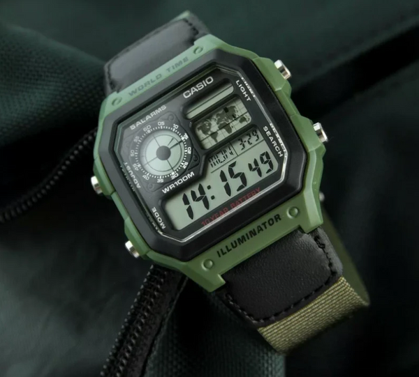 Casio AE-1200WHB-3B World Time Digital Quartz Watch Khaki Green Cloth Strap 10-Year Battery