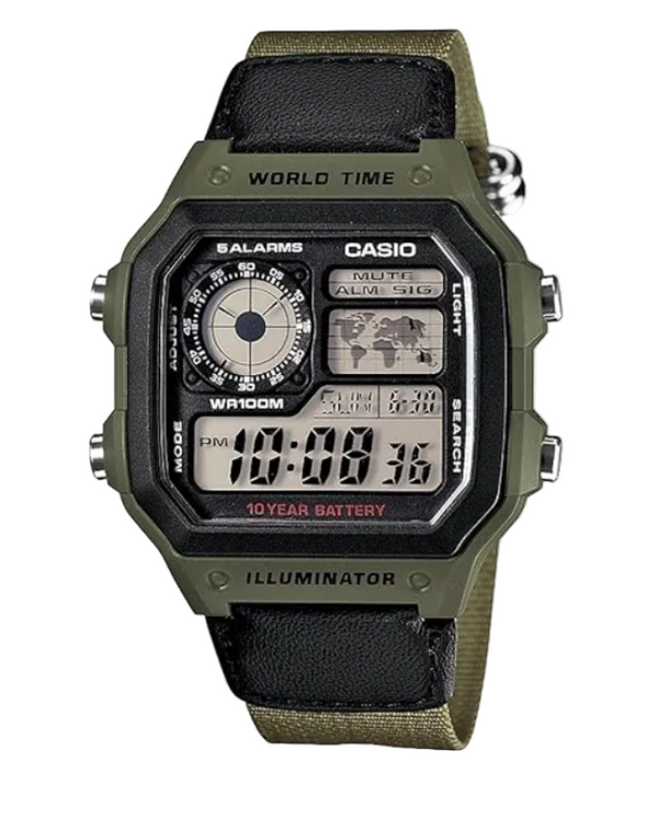 Casio digital wrist watch with an olive green case and strap, black bezel, and black textured strap, shown against a white background with a black border. Cassims&Co