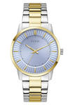 A GUESS GENTS two-tone stainless steel and gold-tone wristwatch with a textured light blue dial, gold-tone case bezel, and matching two-tone metal link bracelet.