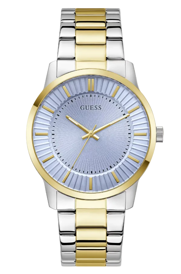 A GUESS GENTS two-tone stainless steel and gold-tone wristwatch with a textured light blue dial, gold-tone case bezel, and matching two-tone metal link bracelet.