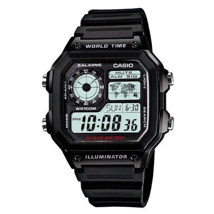 Casio AE-1200WH-1AVDF digital watch front view with world map display