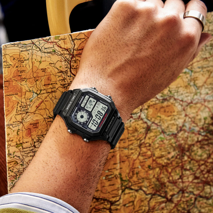 Square 42.1mm resin case of the Casio AE-1200WH on black resin strap