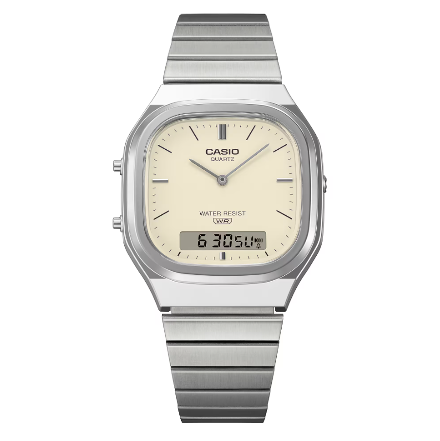 Casio Vintage AQ-240E Analogue-Digital Quartz Cream Dial Stainless Steel Watch (AQ-240E-7A2DF)