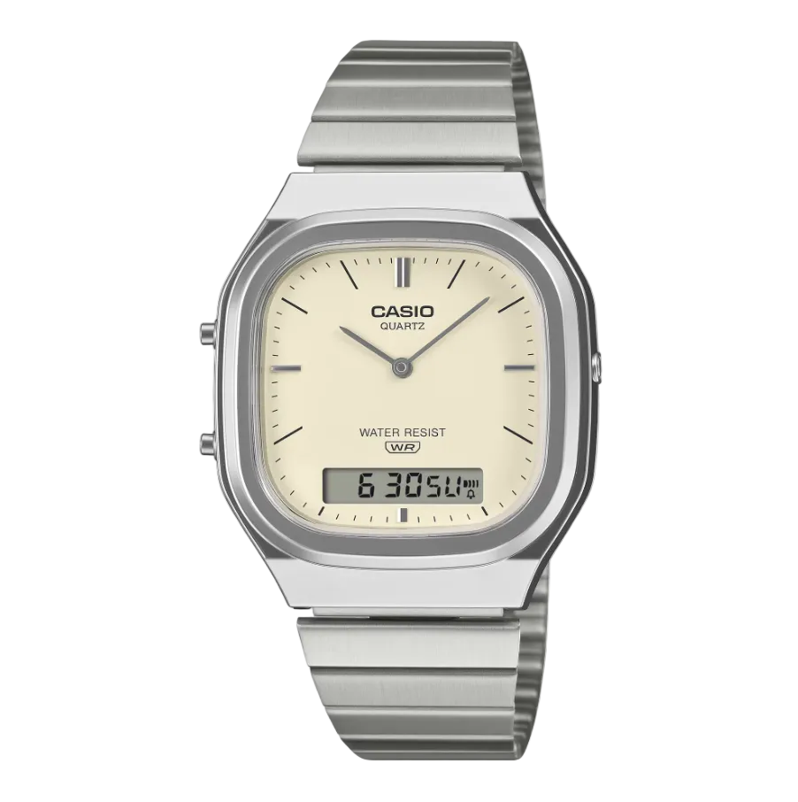 Casio Vintage AQ-240E Analogue-Digital Quartz Cream Dial Stainless Steel Watch (AQ-240E-7A2DF)