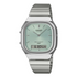 A Casio Quartz watch with a silver stainless steel case and link bracelet, featuring a pale mint green dial with a digital display at the bottom, shown against a light gray background.
Cassimsandco.