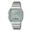 A Casio Quartz watch with a silver stainless steel case and link bracelet, featuring a pale mint green dial with a digital display at the bottom, shown against a light gray background.
Cassimsandco.
