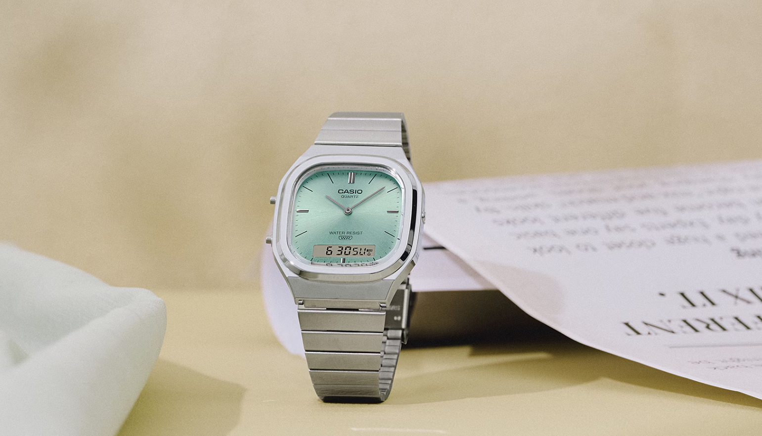 Casio AQ-240E Anadigi Quartz Dual Display Green Dial Stainless Steel Watch (AQ-240E-2ADF)