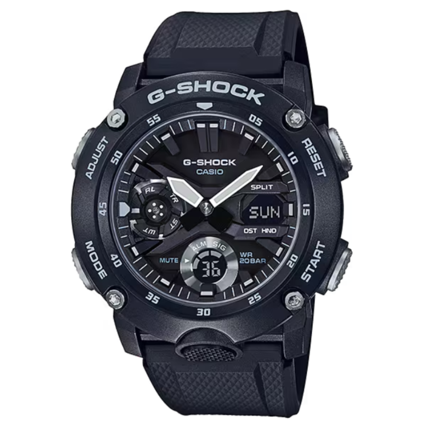 A black Casio G-Shock analog-digital watch with a textured black strap, black bezel, and silver accents, shown against a plain white background.
Cassimsandco.